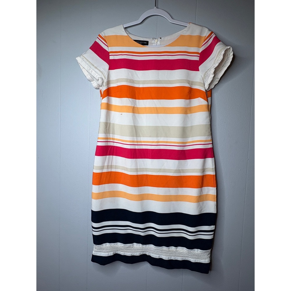 Jones New York Striped Shift Dress Orange Pink Navy Crochet Trim Size 10